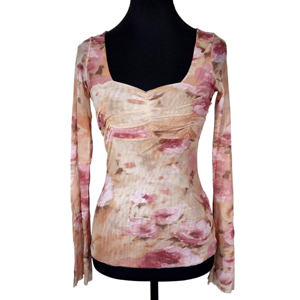 VTG 90s Mesh Sheer Pink Floral Top JPG Style Y2K Coquette Babydoll Feminine Sz S